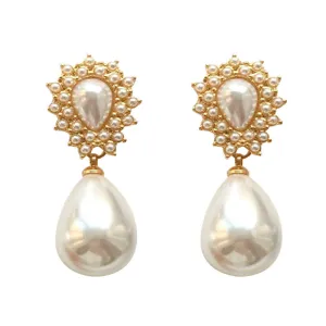 Vintage Pearl Drop Earrings with Intricate Gold-Plated Detailing-jlt11595