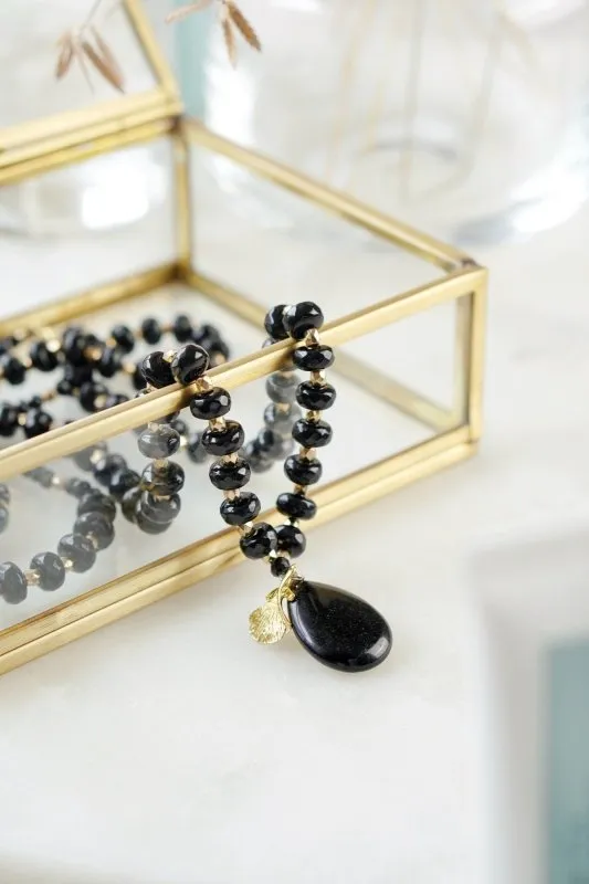 Xander Kostroma - Long Length Black Obsidian & Chalcedony Stone Necklace for Women with Gold Tone Detail - Enhances Protection and Harmony - Handcrafted Unique Jewelry - 76cm Length - Perfect Gift for Elegance and Style